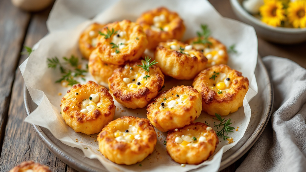 Knusprige Feta-Bites auf einem Teller, serviert mit Kräutern und Dip