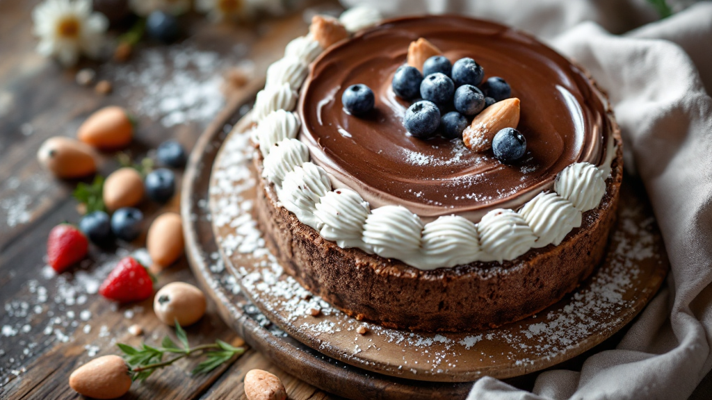 Luftige Schokoladen-Himbeer-Mousse-Torte mit frischen Himbeeren und Schokoladenglasur auf rustikalem Holztisch serviert
