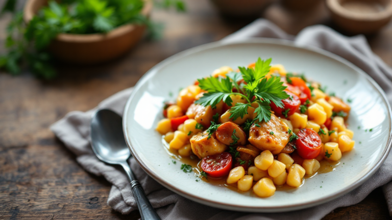 Veganer Braten mit brauner Sauce, frischen Kräutern und geröstetem Gemüse auf rustikalem Holztisch angerichtet