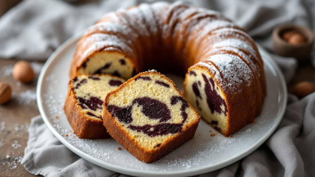 Saftiger Osterhasen-Kuchen auf rustikalem Holztisch, mit Puderzucker bestäubt und von bunten Ostereiern umgeben