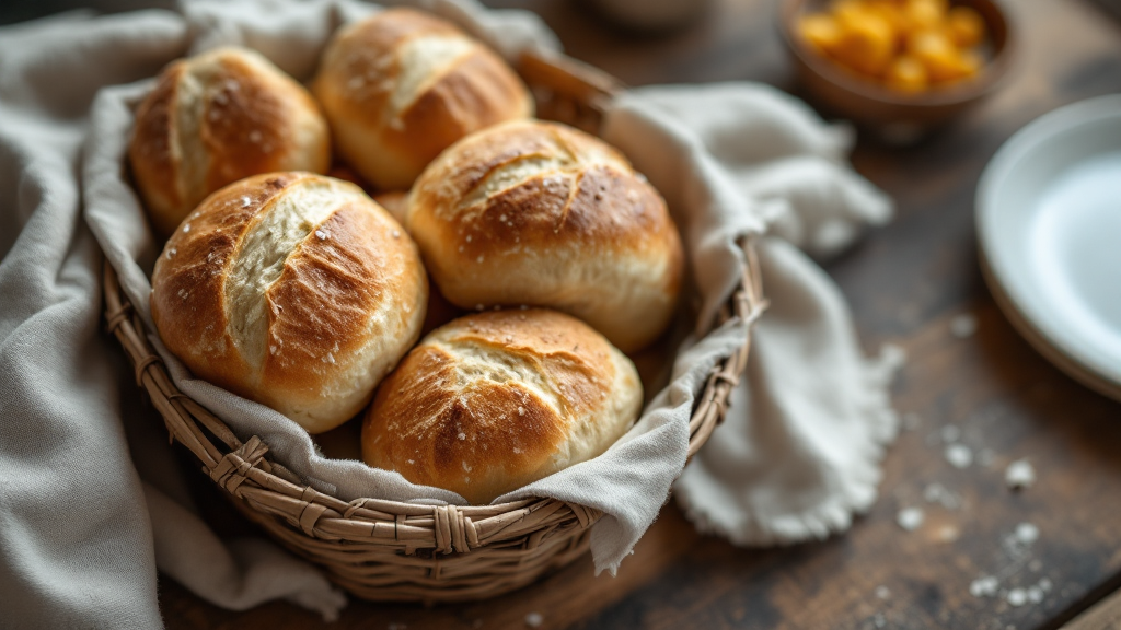 Golden baked pesto rolls filled with tomato and mozzarella, garnished with fresh basil and cherry tomatoes on a rustic wooden table.