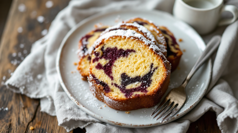 Klassischer Käsekuchen ohne Boden, serviert auf rustikalem Holztisch, mit Puderzucker bestäubt und frischen Erdbeeren und Minze garniert.