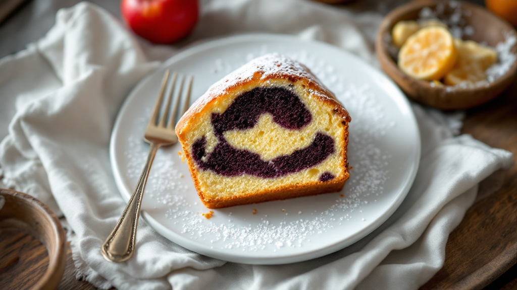Klassischer deutscher Käsekuchen ohne Boden auf rustikalem Holztisch, bestäubt mit Puderzucker und frischen Beeren als Deko