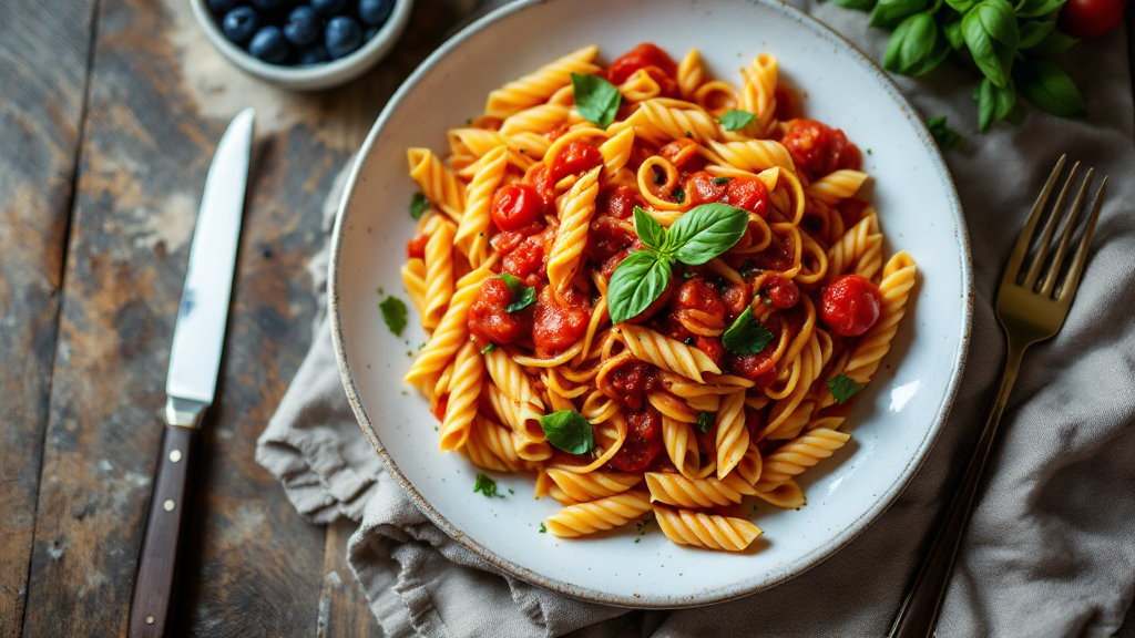 Cremige Burrata Pasta mit Tomaten, angerichtet auf rustikalem Holztisch, garniert mit Basilikum und frischem Pfeffer