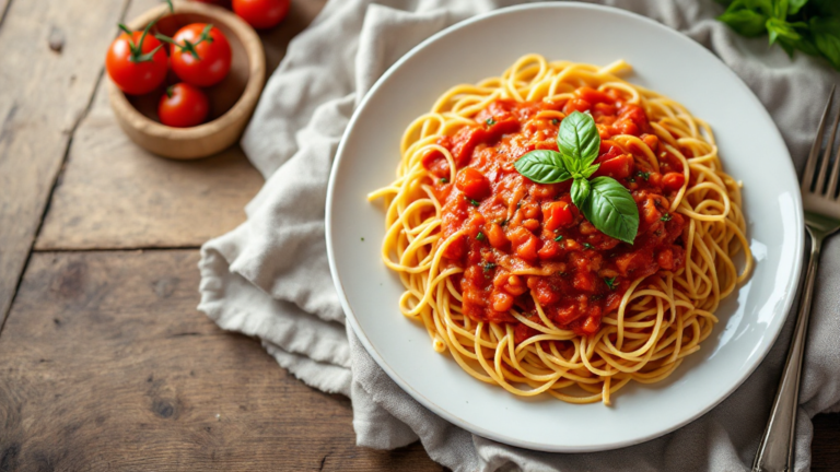 Bowl of creamy pasta with cottage cheese sauce, garnished with basil and parmesan, on a rustic table