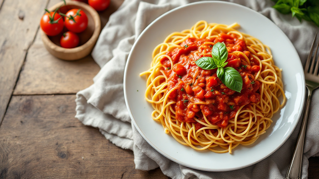 Bowl of creamy pasta with cottage cheese sauce, garnished with basil and parmesan, on a rustic table