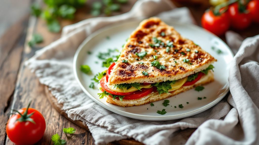 Nahaufnahme eines italienischen Focaccia-Sandwichs mit Tomaten, Mozzarella und Basilikum auf rustikalem Holzbrett serviert