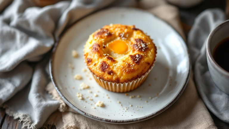 Rührei-Muffins mit Schinken frisch aus dem Ofen, garniert mit Schnittlauch und serviert auf einem rustikalen Holztisch