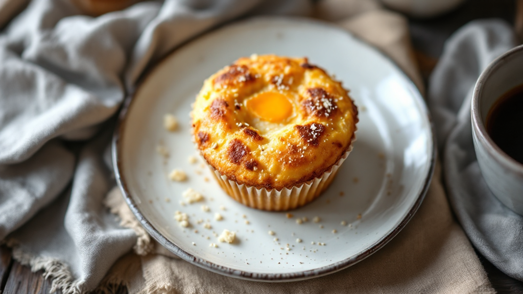 Rührei-Muffins mit Schinken frisch aus dem Ofen, garniert mit Schnittlauch und serviert auf einem rustikalen Holztisch