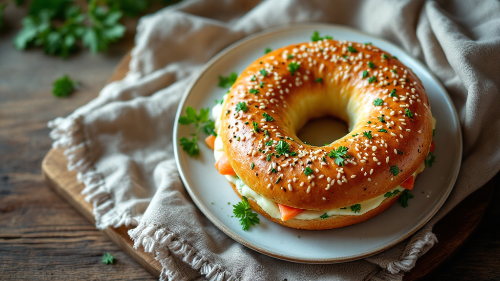 Bagel mit Räucherlachs, Frischkäse und Rucola auf rustikalem Holztisch, garniert mit Zitrone und Pfeffer