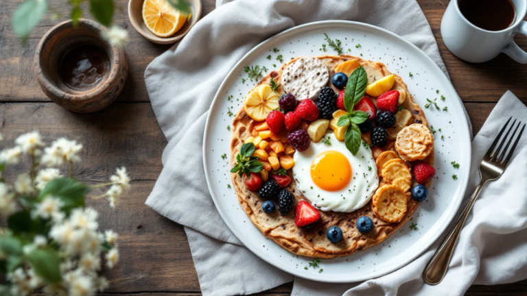 Frühstücksboard mit Brot, Käse, Aufschnitt, Eiern und Obst auf Holzbrett angerichtet