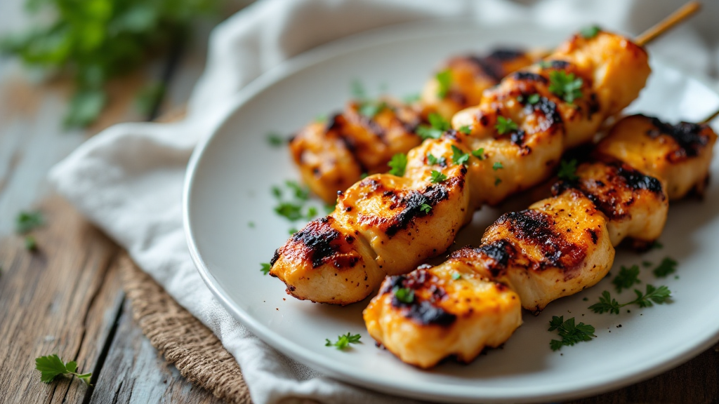 Overhead close-up of juicy grilled chicken skewers garnished with fresh herbs and lemon wedges on a rustic wooden table