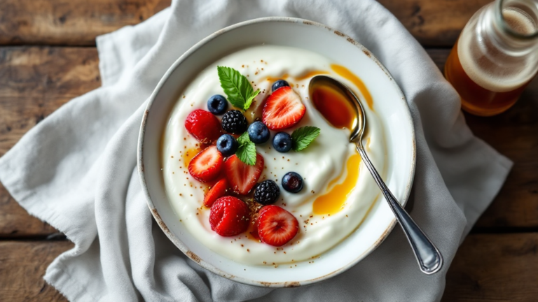 Griechische Joghurt-Bowl mit frischen Beeren, Vanille und Granola auf rustikalem Holz serviert