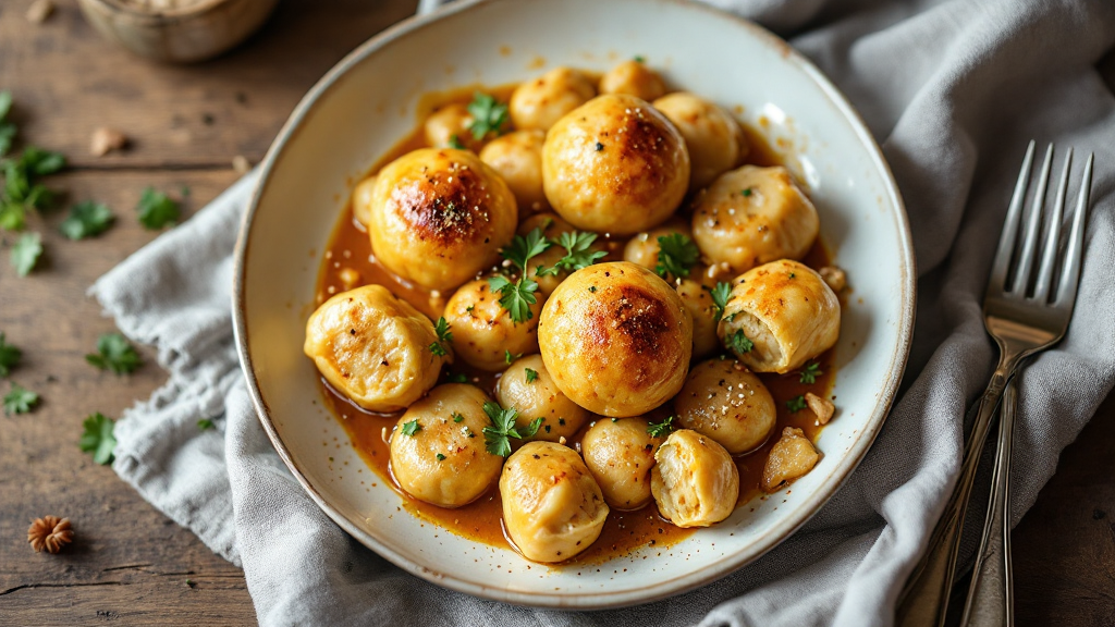 Vegane Linsenknödel in cremiger Curry-Sauce, garniert mit Koriander und Frühlingszwiebeln, serviert auf rustikalem Holztisch
