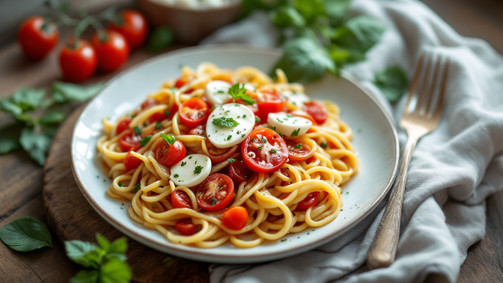 Pfannen-Linsen mit Tomaten und Mozzarella in einer weißen Schale, garniert mit Basilikum, auf rustikalem Holztisch serviert