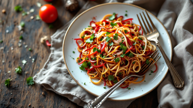 Orientalischer Rote-Linsen-Salat mit Feta, serviert in einer Schüssel auf rustikalem Holztisch, garniert mit frischen Kräutern und Tomaten