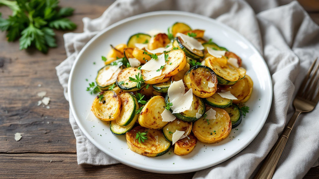 Knusprige Zucchini Pommes mit goldener Parmesan-Kruste und frischen Kräutern auf einem rustikalen Holzteller