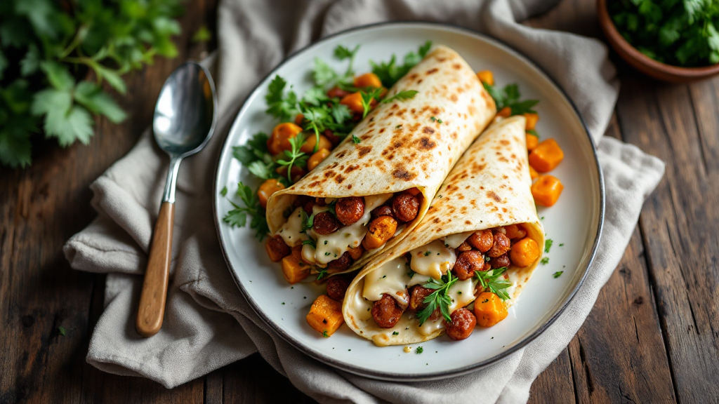 Nahaufnahme von traditionellen Käseknoblauch-Hühnchen-Wraps, aufgeschnitten und auf einem rustikalen Holztisch serviert, mit frischen Kräutern garniert.