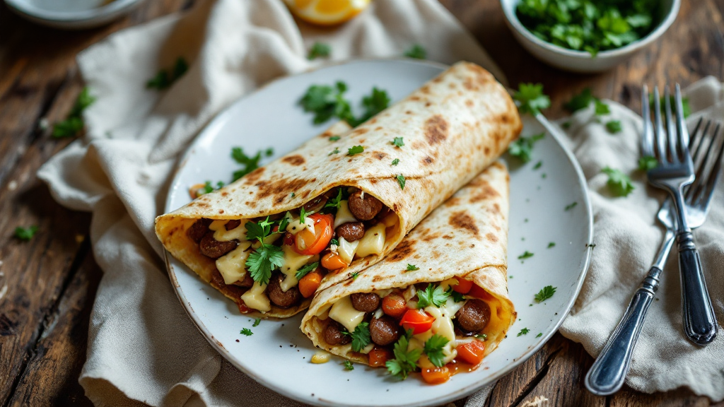 Käseknoblauch-Hühnchen-Wraps auf rustikalem Holztisch, aufgeschnitten mit Käse, Hähnchen und Kräutern, dazu Dip
