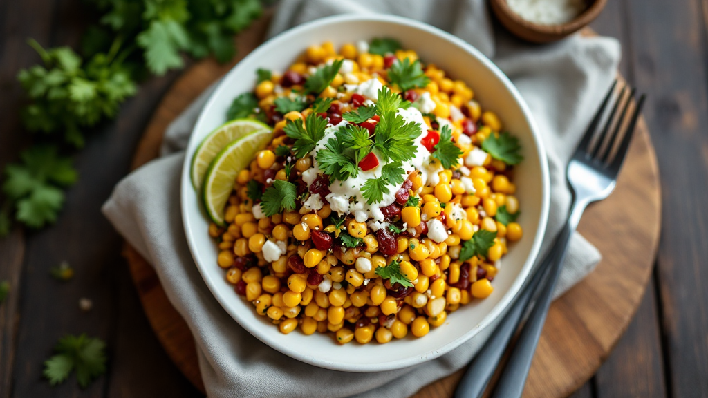 Street Corn Hähnchen Reis Bowl mit Mais, Hähnchen, Reis und frischen Toppings auf rustikalem Holztisch