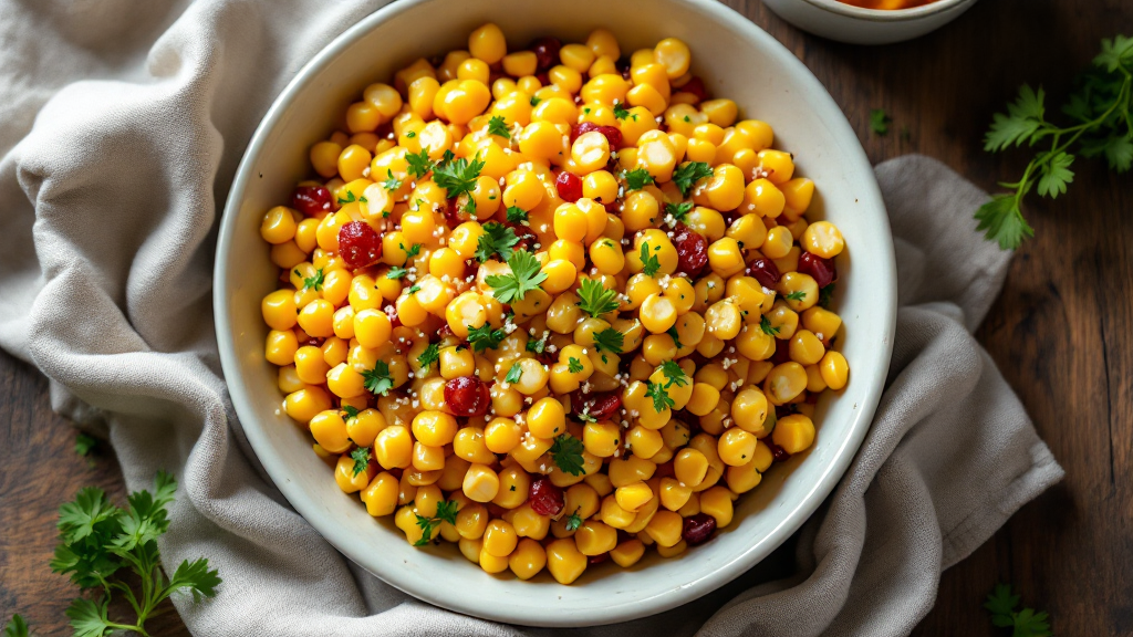 Street Corn Hähnchen Reis Bowl mit gegrilltem Hähnchen, Mais, Reis und frischen Kräutern in einer Schüssel serviert