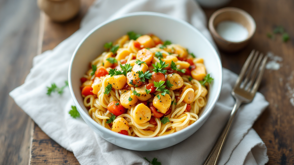 Bunte Hähnchen-Süßkartoffel-Bowl mit Gemüse, geröstetem Hähnchen und frischen Kräutern auf rustikalem Holztisch