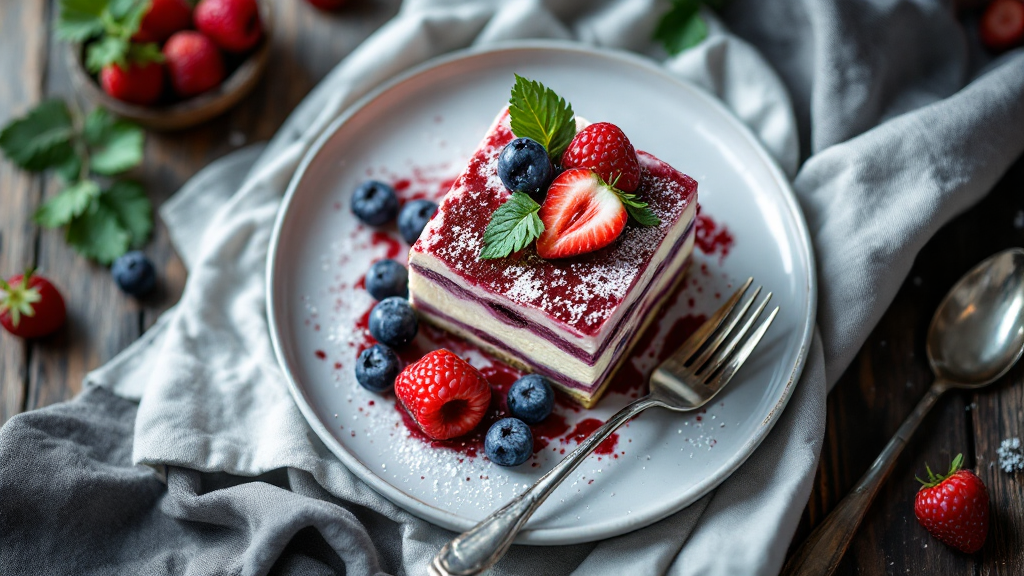 Nahaufnahme eines klassischen Himbeer-Tiramisu mit Mascarpone, Löffelbiskuits und frischen Himbeeren, serviert auf rustikalem Holztisch.