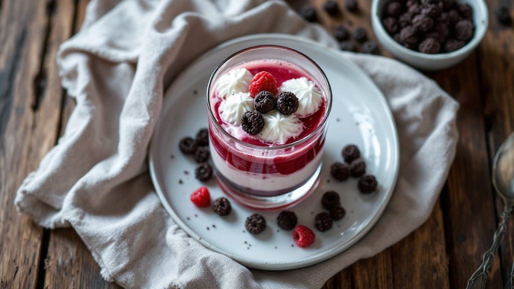 Himbeer-Oreo-Dessert im Glas mit frischen Himbeeren, Oreo-Stückchen und Minze auf rustikalem Tisch