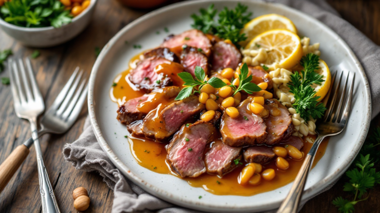 Rinderhackfleisch-Bowl mit Hot Honey, serviert mit Reis, Gurken, eingelegten Zwiebeln und Limette auf rustikalem Holztisch