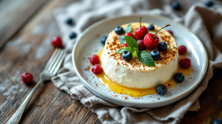 Engelscreme Dessert in Glas mit Kirschsoße, Sahnetupfen, frischen Kirschen und Minzblättern auf rustikalem Holztisch dekoriert