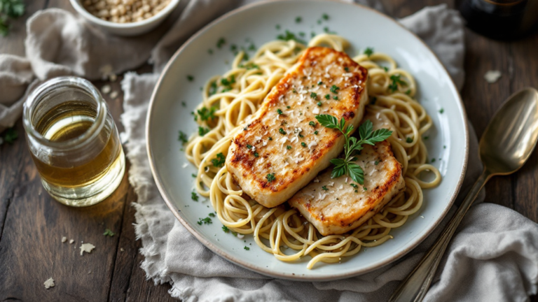 Cremiges Hähnchenfilet in Knoblauch-Parmesan-Sauce auf rustikalem Teller mit Petersilie und Kartoffelbrei