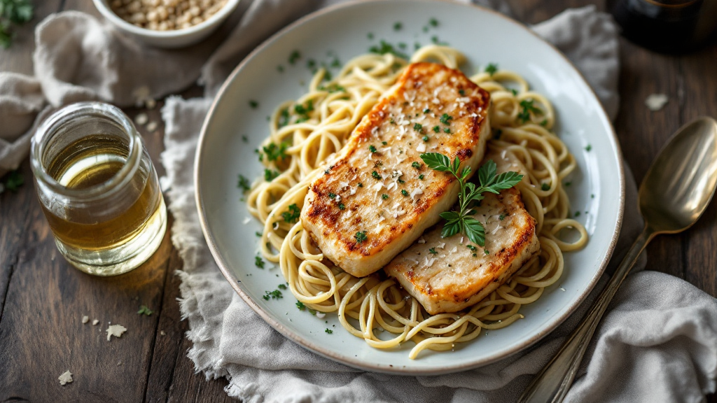 Cremiges Hähnchenfilet in Knoblauch-Parmesan-Sauce auf rustikalem Teller mit Petersilie und Kartoffelbrei