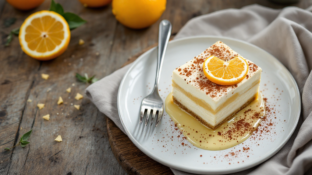 Cremiges Zitronen Tiramisu mit Limoncello, dekoriert mit Zitronenzesten und Minze auf einem Holztisch