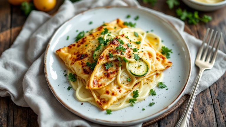 Knusprige Zucchini-Frischkäse-Taschen auf rustikalem Holztisch, serviert mit Dip